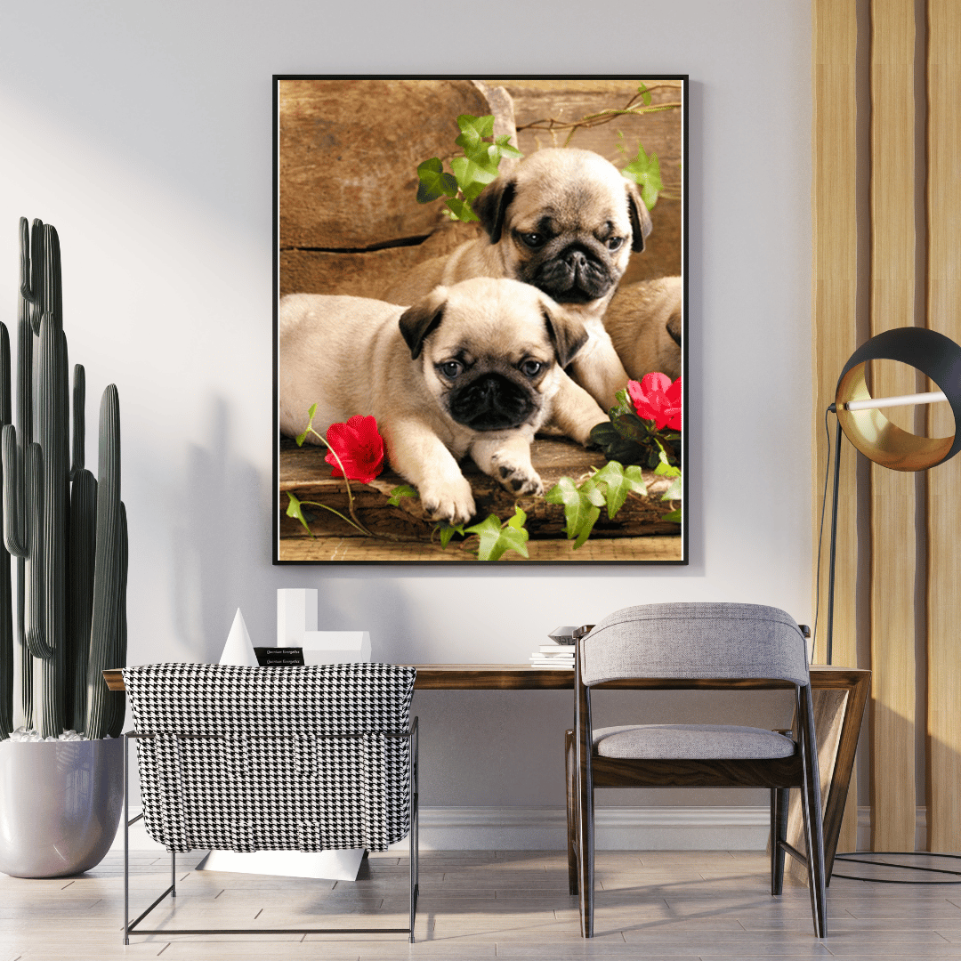 Diamond Painting - Mops Welpen im Blumengarten